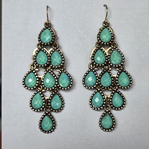 Elegant Turquoise Deep Aqua Chandelier DropEarrings Brass/Gold Tone Antique Like
